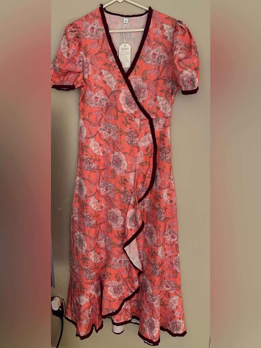 MADE WITH LOVE size MEDIUM Coral Floral Wrap Style Maxi Dress with Burgundy Trim